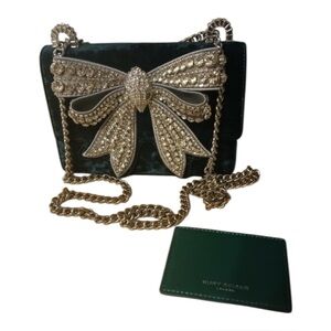 Kurt Geiger TWO FER. Deep Green Velvet Bag with Crystal Bow and Silver Chain.